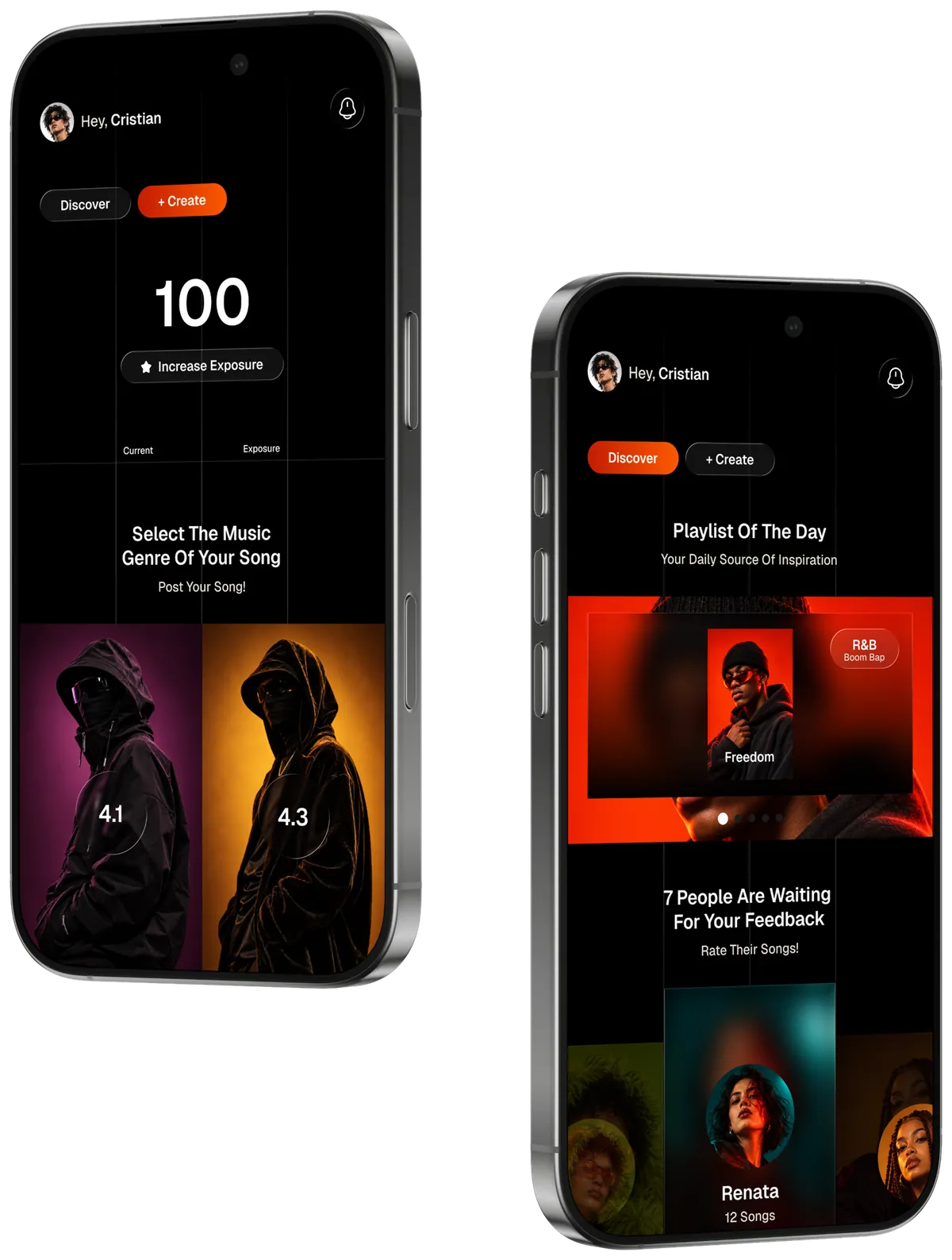 Two phones: the home screen with an exposure score of 100, and the Discover screen with the Playlist of the Day