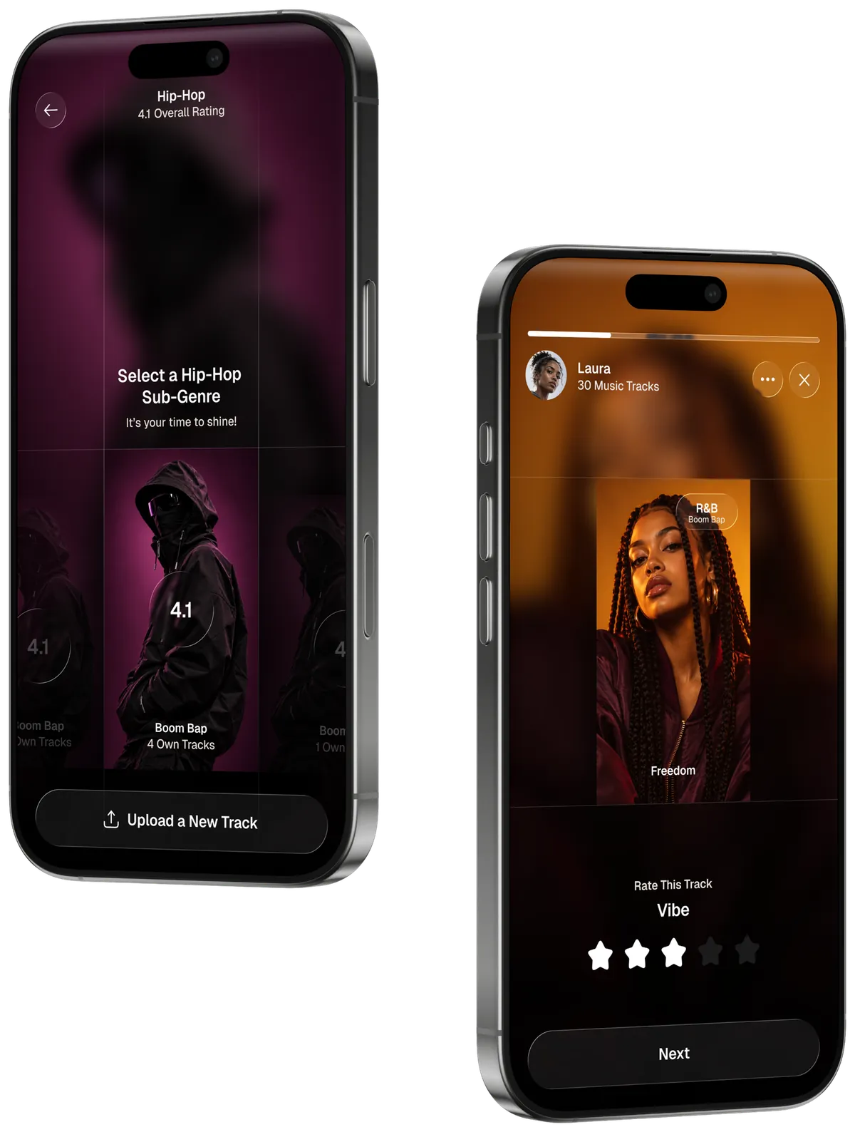 Two phones: the Hip-Hop sub-genre screen with a 4.1 rating, and the Rate This Track screen with a star rating